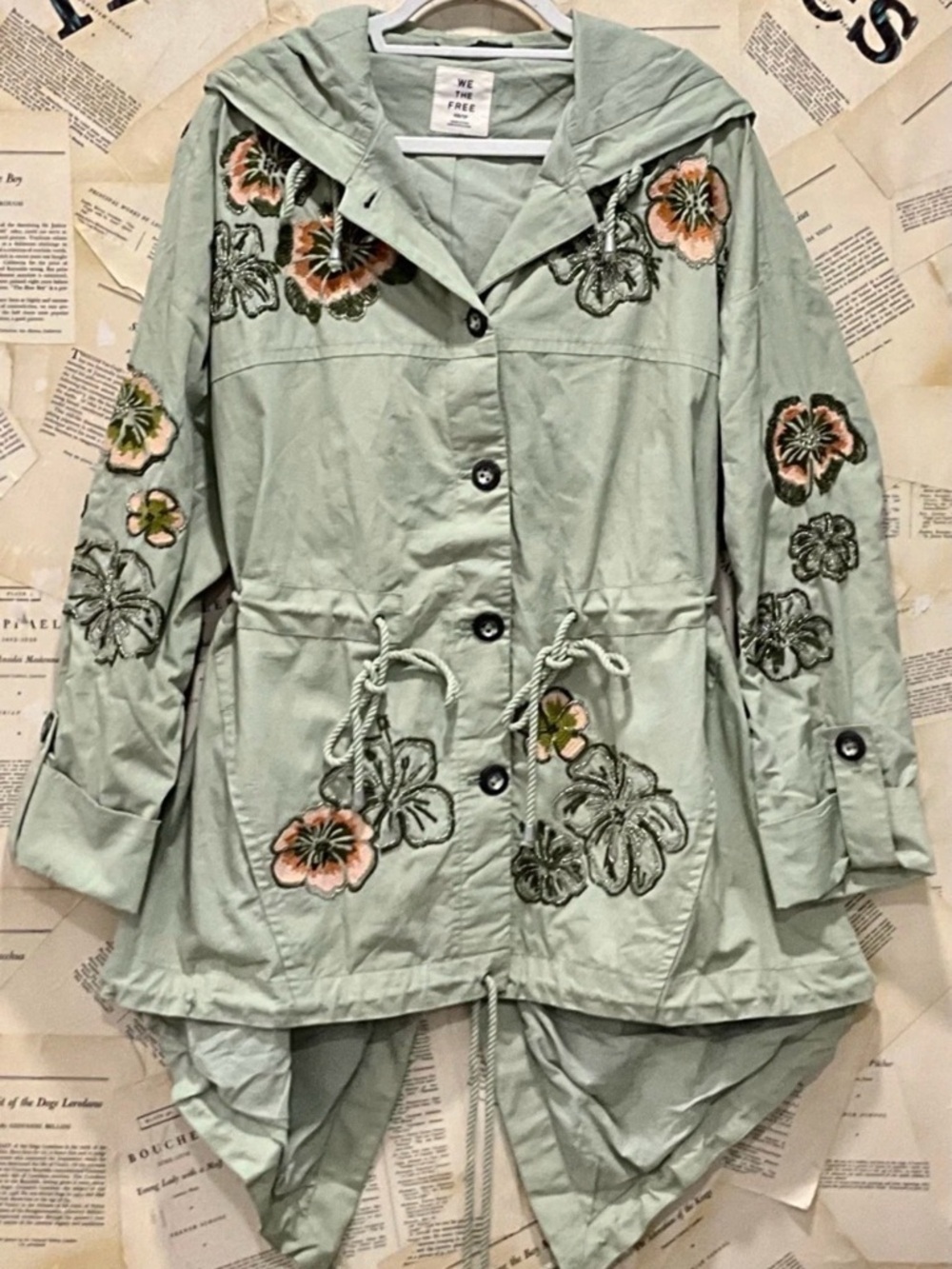 Free People We The Free Davy Jones Parka Hood Embroidery Bead Floral Sage - Picture 3 of 8